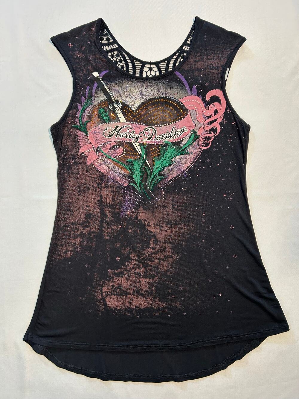 Harley Davidson Women's Heart Sword Rhinestone Sleeveless Top Black Large